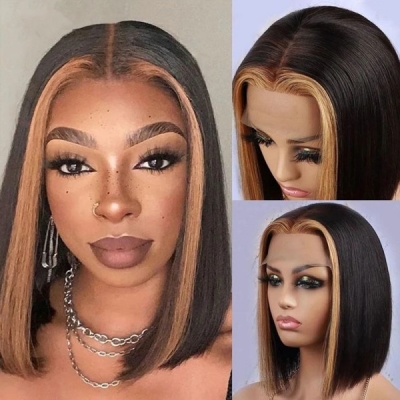 HD Lace Full Frontal Strunk Stripe Color Bob Wig Invisible Melted Lace 150% Density 100% Real Human hair Kinky Straight Hair