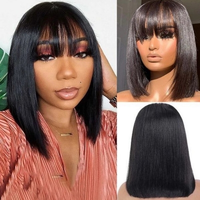 Buy One Get One Free 150% Density Blunt Cut Lace Frontal Bob Wig Preplucked Hairline 100% Human Hair(Quantity as 1 pc ,Ship 2 wigs automatically)