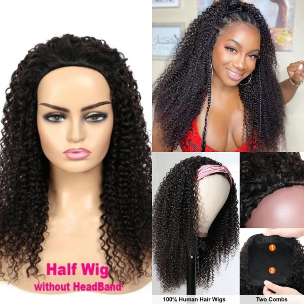 (All Texture Link) 150% & 200% Density Scarf Headband Wig Half Wig Wear Go With Adjustable Velcro 100% Human Virgin Hair Not Lace Wig