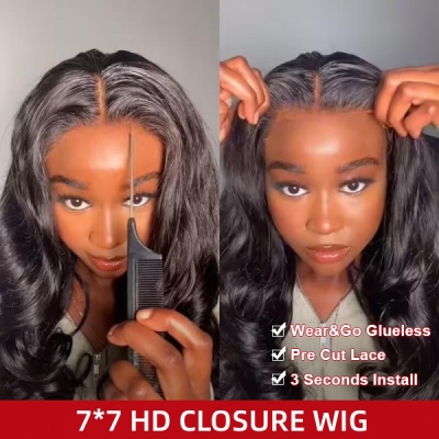 (New)Pre Cut Undetectable HD Lace 7*7 Lace Closure Wig Glueless Wear And Go Perfect Blend Hairline 150% & 200% Density 100% Human Hair