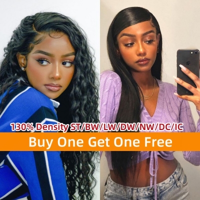 Buy One Get One Free Deep Wave 130% Density Lace Frontal Wigs Preplucked Natural Color Human hair Wet And Wavy