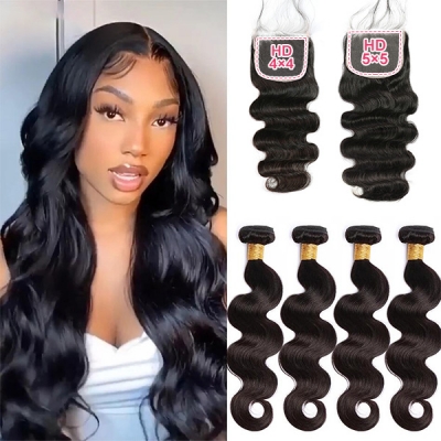 Superior Grade 3 bundles with 4*4 5*5 lace closure Deal Body wave Transparent /HD Lace Virgin Human hair Brazilian Peruvian Malaysian Indian European