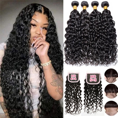 Superior Grade 3/4 bundles with 4*4 5*5 lace closure Deal Water wave Transparent /HD Lace Virgin Human hair Brazilian Peruvian Malaysian Indian