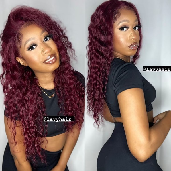 Brazilian Burgundy 99J Color  deep wave Human Hair 150% Density Lace Frontal Wigs