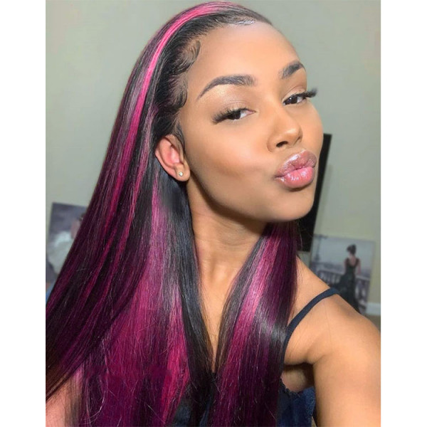 (All Texture Link) P1B/Pink Balayage Highlight Color 180% Density Lace Frontal Wigs 100% Human Hair Preplucked Glueless Wear Go