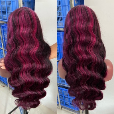 (All Texture Link) P1B/Pink Balayage Highlight Color 180% Density Lace Frontal Wigs 100% Human Hair Preplucked Glueless Wear Go