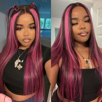 P1B/Pink Balayage Highlight Color 180% Density Lace Frontal Wigs 100% Human Hair Preplucked Glueless