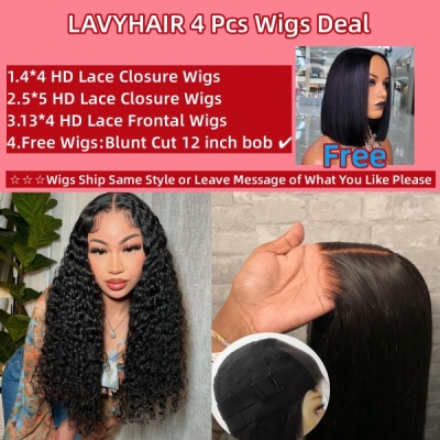 200% Density Wholesale Wigs Deal 3 Pieces HD Lace Wigs  + Free Bob Wig 1 Pieces Factory Price 100% Human Hair With Preplucked Melted Hairline