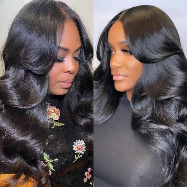 Glueless Wear Go 200% Density Curtain Bangs HD Lace Full Frontal Wigs Body Wave Preplucked Bleached 100% Human Hair Pre Cut Lace