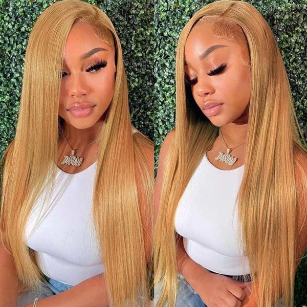 (All Texture Link) Color 27 Honey Blonde 13*4 Full Lace Frontal Wigs 150% and 250% Density Preplucked Pre Bleached Tiny Knot Human hair Wear Go