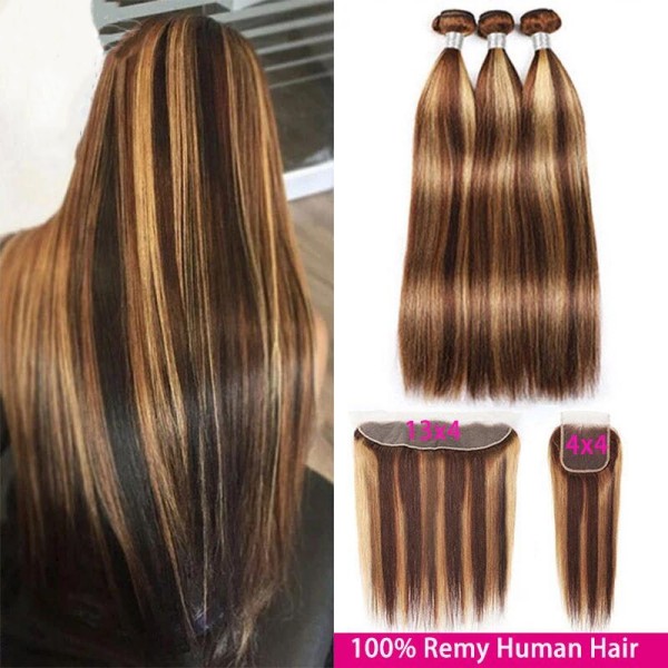 Highlight P4/27 Color Bundles With 4*4 /5*5 /13*4 Frontal Closure Straight Hair Brazilian Peruvian Malaysian Indian Burmese Cambodian