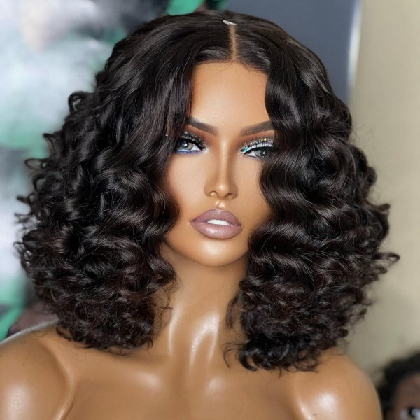 High Density Picture Style Wand Curl Cute Bob Cut Preplucked Glueless Wear Go 5*5 Lace Closure Wigs Human Hair Breathable Cap