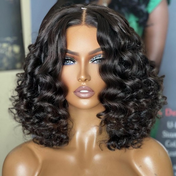 High Density Picture Style Wand Curl Cute Bob Cut Preplucked Glueless Wear Go 5*5 Lace Closure Wigs Human Hair Breathable Cap
