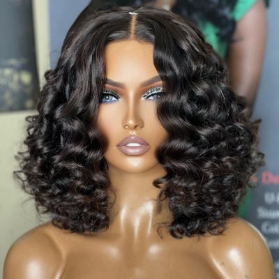 (Hot Selling)300% High Density Wand Curl Cute Bob Cut Preplucked Glueless Wear Go 5*5 Lace Closure Wigs Human Hair Breathable Cap