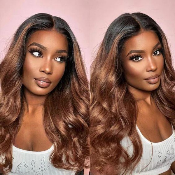 (All Texture Link)T1B/30 Ombre Color Preplucked Lace Frontal Wigs Straight Human hair 180% Density Glueless Wear Go