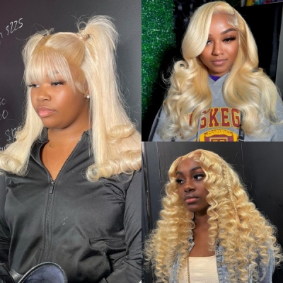 (All Texture Link) 130% and 180% Density 613 Blonde Color 360 Lace Frontal Wigs Ponytail Wig Transparent Lace Human Hair