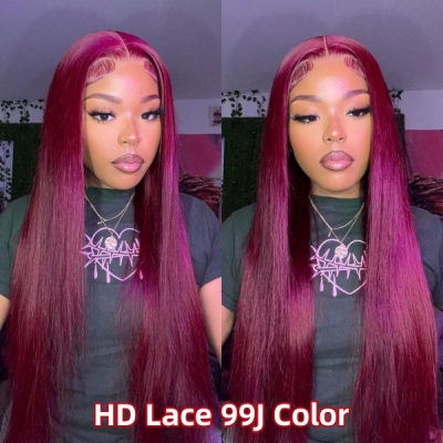 (All Texture Link) Glueless Wear Go 99J Color Undetectable 5*5 HD Lace Closure Wig 150% Density Human Virgin Hair