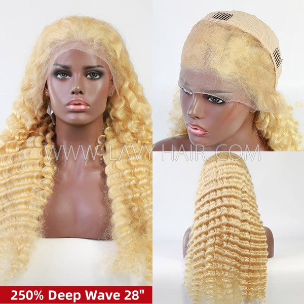 (All Texture Link)150% and 250% Density 13*4 Full Frontal Wig Transparent Lace 613 Blonde Color Deep Wave Human Hair Wear Go