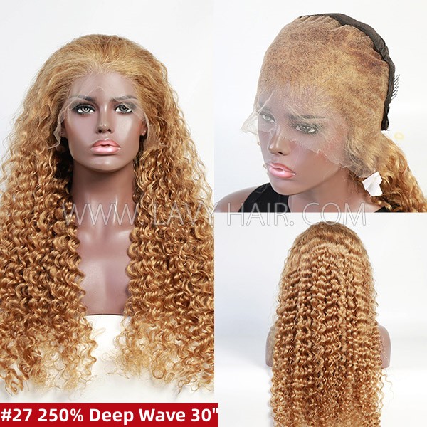 (All Texture Link) Color 27 Honey Blonde 13*4 Full Lace Frontal Wigs 150% and 250% Density Preplucked Pre Bleached Tiny Knot Human hair Wear Go