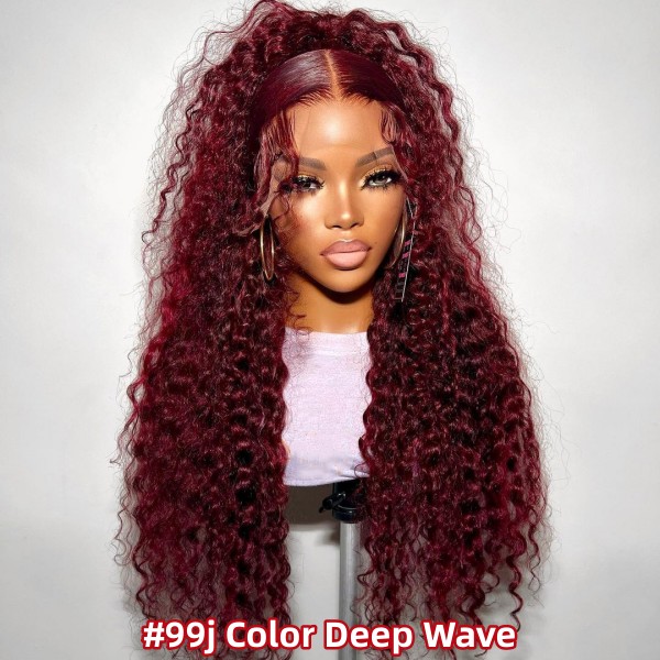 (All Texture Link) Burgundy #99J Color 13*4 Full Frontal Wig 100% Human Virgin Hair Preplucked Pre Bleached Transparent Lace 180% Density Wear Go