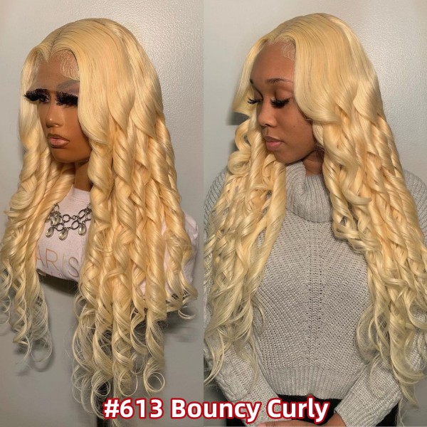 (All Texture Link)150% and 250% Density 13*4 Full Frontal Wig Transparent Lace 613 Blonde Color Deep Wave Human Hair Wear Go