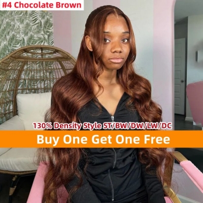 Buy One Get One Free #4 Chocolate Brown Color Lace Frontal Wigs 130% Density Straight/Wavy/Curly Human Hair Wear Go