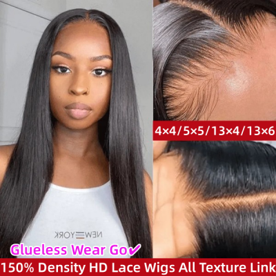 (All Texture Link)150% Density HD Lace Glueless Wear Go Pre Bleached Single Knot 100% Real Human Hair Pre Plucked Straight/Wavy/Curly