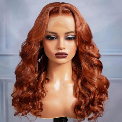 Copper Brown Color 200% Density Full Frontal Wigs Human Virgin Hair