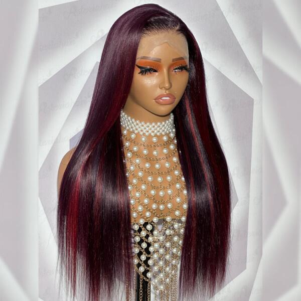 Glueless Wig Mix 1B 99J Highlight Color 150% Density Wear Go 5*5 HD Lace Closure Wig Human Virgin Hair 5-7 Days Customize