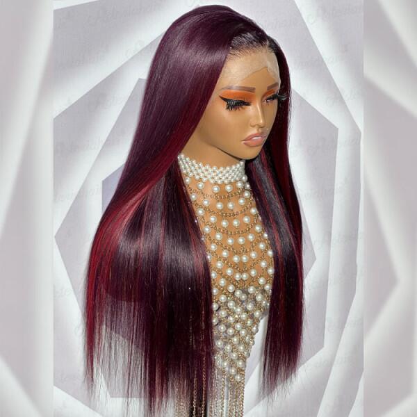 Glueless Wig Mix 1B 99J Highlight Color 150% Density Wear Go 5*5 HD Lace Closure Wig Human Virgin Hair 5-7 Days Customize