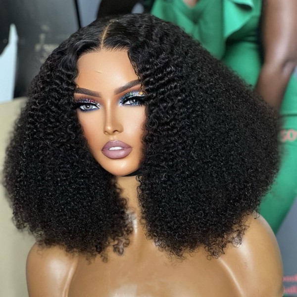 (3.5-4 Bundles Thickness) High Density Picture Style Afro Kinky Curly Preplucked 5*5 Lace Closure Wigs Human Hair Hot Selling Wear Go 100% Glueless