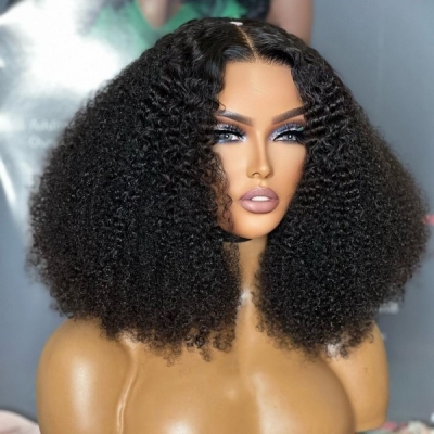 (3.5-4 Bundles Thickness) High Density Picture Style Afro Kinky Curly Preplucked 5*5 Lace Closure Wigs Human Hair Hot Selling Wear Go 100% Glueless