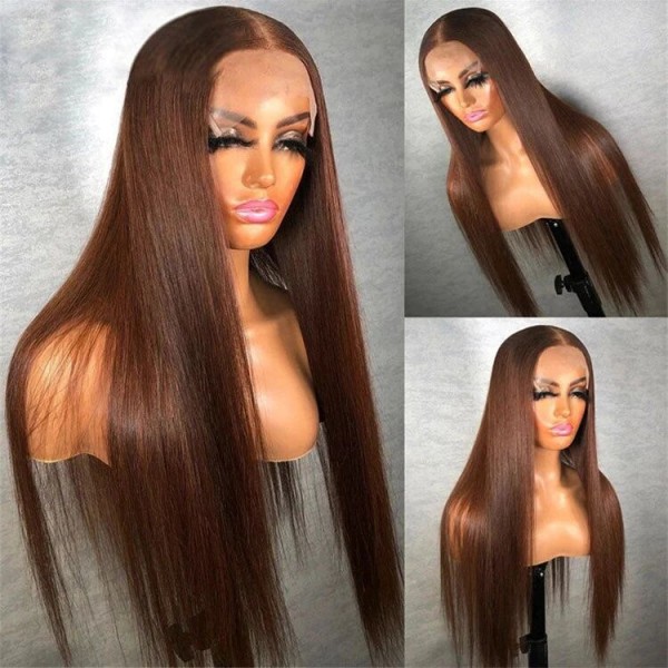 #4 Brown Color 200% Density Lace Frontal Wigs Human Virgin Hair