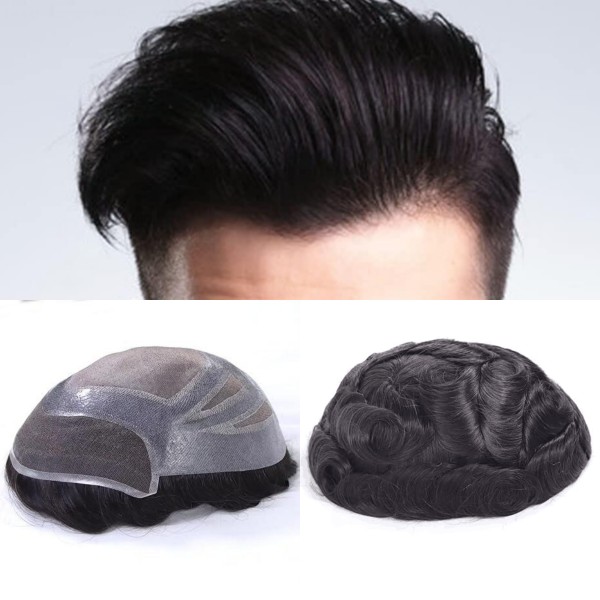 (New) Mens Toupee Fine Mono with Poly Skin PU Hair Replacement Hair System Natural Hairline 120% Density Swiss Lace