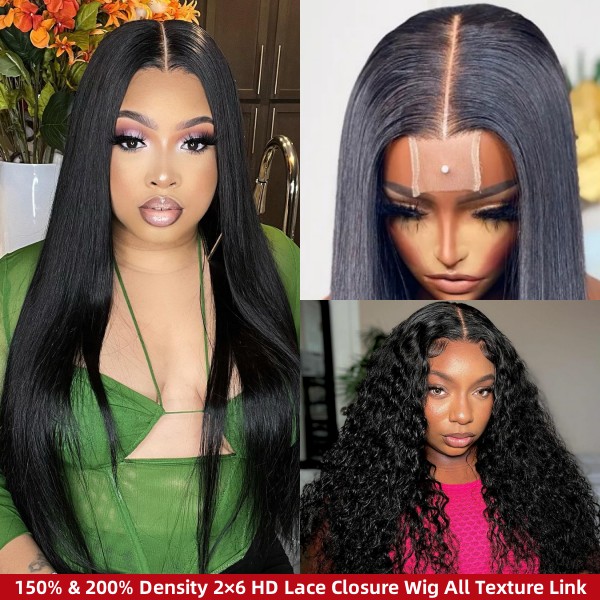 (All Texture Link) HD Lace 2*6 Lace Closure Wig 150% and 200% Density 100% Human Hair Melted Lace Pre Bleached Tiny Knot Pre Cut Glueless Wear Go