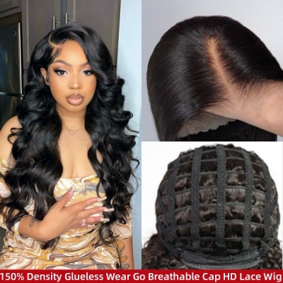 (All Texture Link) Breathable Air Wig Cap Glueless HD Lace Wigs 150% Density 100% Real Human Hair Preplucked Wear Go Straight/Wavy/Curly