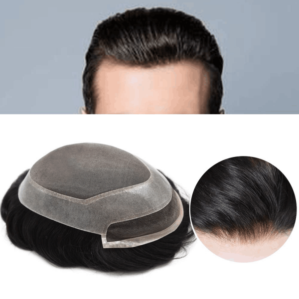 (New)  Lace Front Mens Toupee Fine Mono with Poly Skin PU Hair Replacement Hair System Natural Hairline 120% Density Real Human Hair