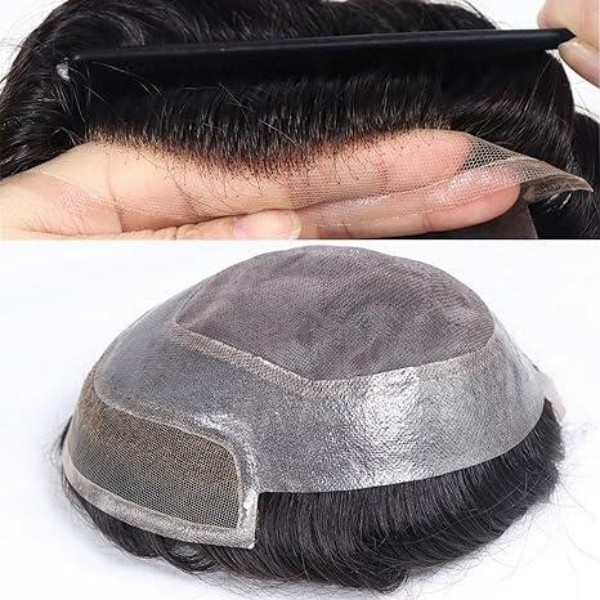 (New)  Lace Front Mens Toupee Fine Mono with Poly Skin PU Hair Replacement Hair System Natural Hairline 120% Density Real Human Hair