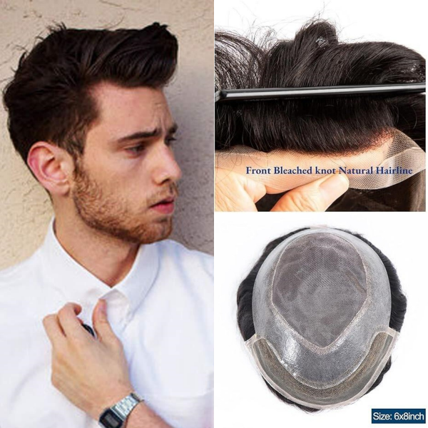 (New)  Lace Front Mens Toupee Fine Mono with Poly Skin PU Hair Replacement Hair System Natural Hairline 120% Density Real Human Hair