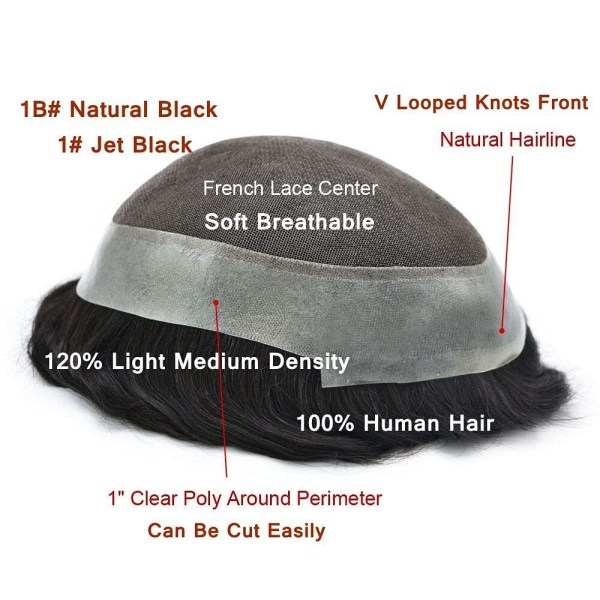 (New) Mens Toupee Australia Series French Lace Centre With PU Poly Skin Around Replacement Hair System 100% Human Hair