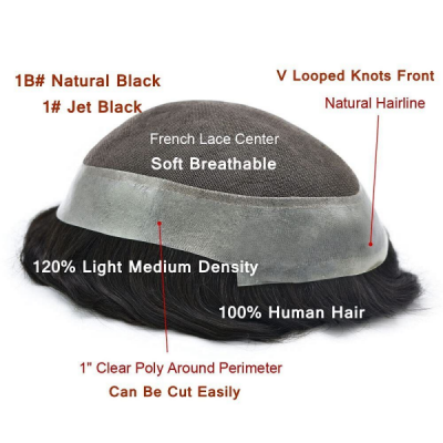 (New)  Mens Toupee Australia Series French Lace Centre With PU Poly Skin Around Replacement Hair System 100% Human Hair