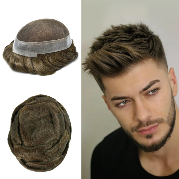 (New)  Mens Toupee Australia Series French Lace Centre With PU Poly Skin Around Replacement Hair System 100% Human Hair