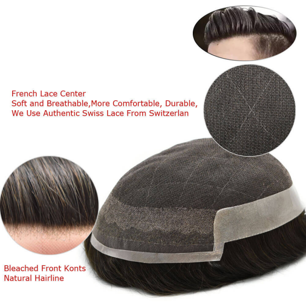 (New)OCTAGON Mens Toupee French Lace Centre And Frontal With Pu Poly Skin Around Thick Hair For Hair Loss Men Hair