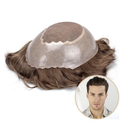 (New) Mens Toupee Mono Top With PU Poly Perimeter Durable Hair Replacement Hair System For Hair Loss