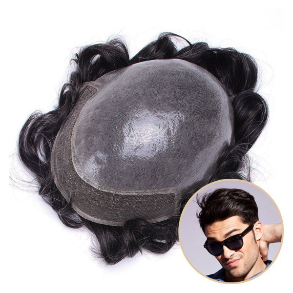 (New) BIO Mens Toupee PU Poly With Front Lace Remy Human Hair Replacement For Hair Loss