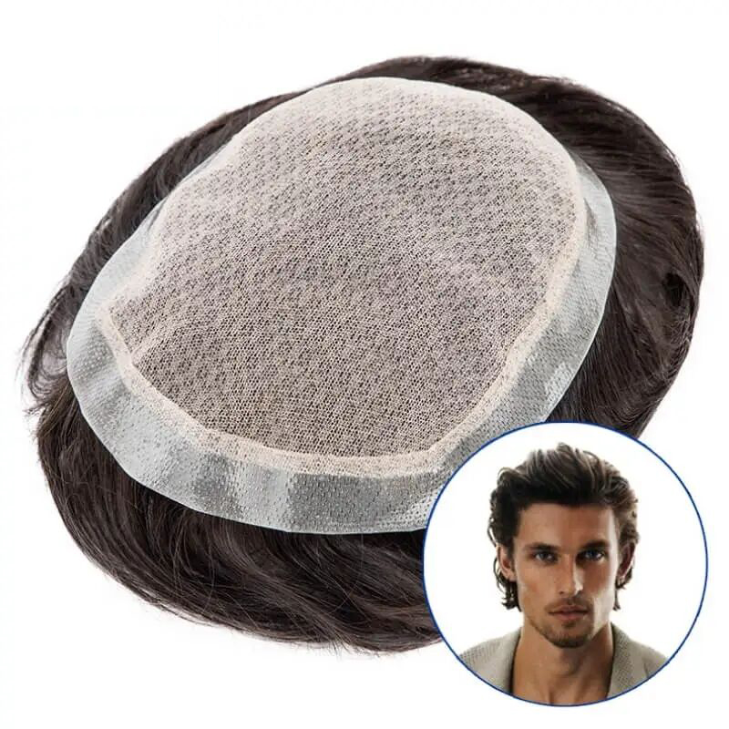 (New)  Mens Toupee Silk Base Frensh Lace & Skin Toupee Natural Scalp with Poly Skin PU Undetectable Hair Replacement Hair System Natural Hairline