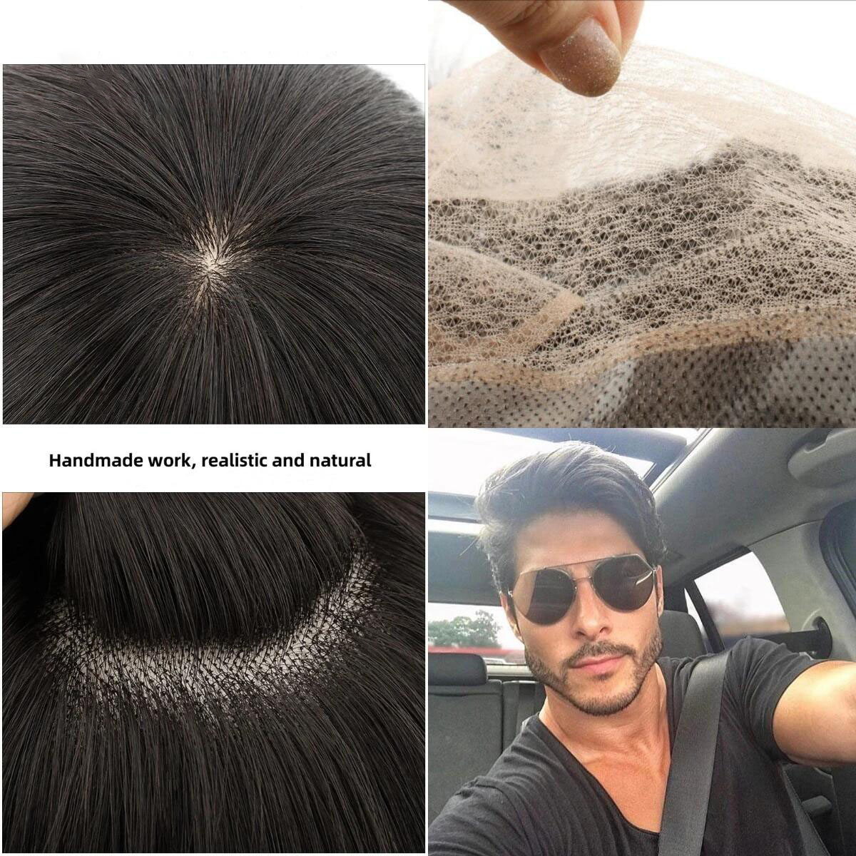 (New)  Mens Toupee Silk Base Frensh Lace & Skin Toupee Natural Scalp with Poly Skin PU Undetectable Hair Replacement Hair System Natural Hairline