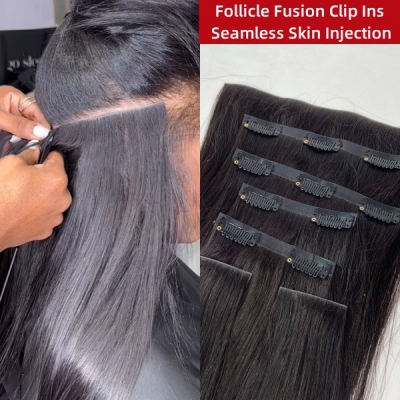 Lavy Hair Follicle Fusion Clip ins Seamless Skin Injection 7 pcs/set 120 grams 12A Grade Virgin Hair