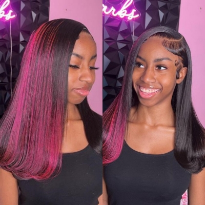 Glueless Wig Half Pink Highlight Half Black Color 150% Density Preplucked Human Hair HD Lace Wig 5-7 Days Customize