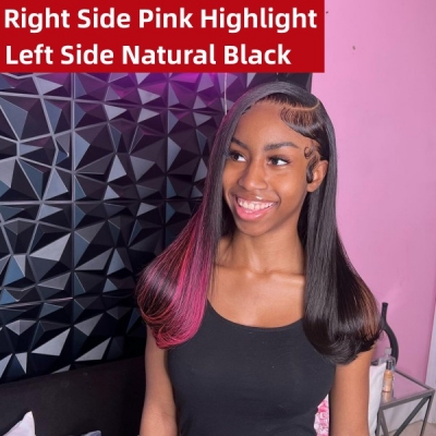 Glueless Wig Half Pink Highlight Half Black Color 150% Density Preplucked Human Hair HD Lace Wig 5-7 Days Customize